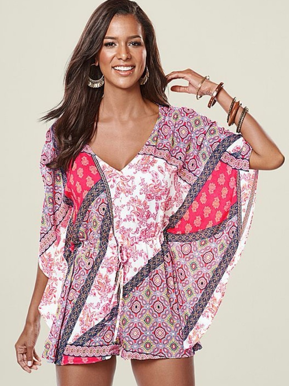 Venus Women’s Romper XSmall Pink Geometric Drawstring Waist Kimono Sleeves